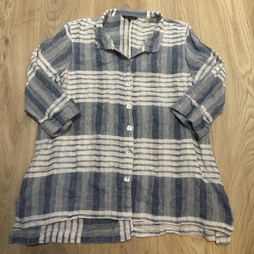 John Mark Linen Tunic Top Women's Sz L Striped Lagenlook Large Buttons Coastal